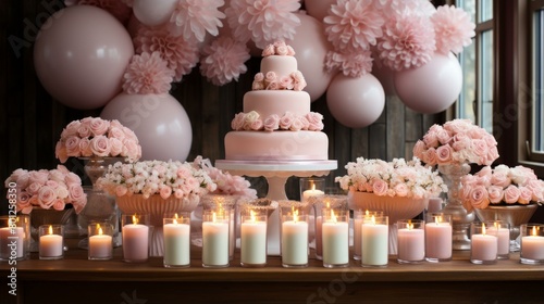 Pink wedding cake with pink flowers and candles on a wooden table