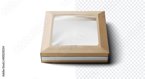 Realistic Brown Cardboard Box with Clear Window Mockup. High-quality 3D mockup of a realistic brown cardboard box with a clear window. Ideal for product packaging presentations, branding. Vector