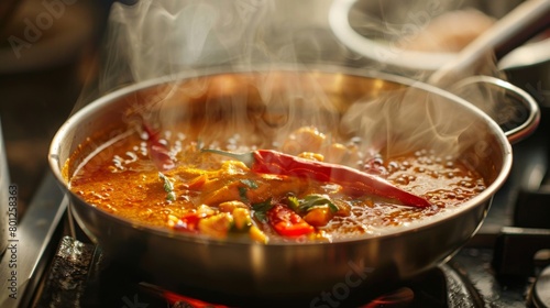 A bowl of Thai curry simmering on a stove, with aromatic steam rising and chili peppers and peppercorns visible in the rich sauce.