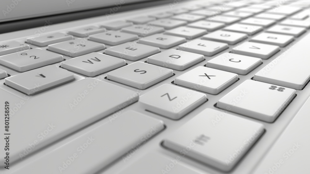 Minimalist design of a white laptop keyboard in a bright and clean workspace setting Minimalist design of a white laptop keyboard in a bright and clean workspace setting