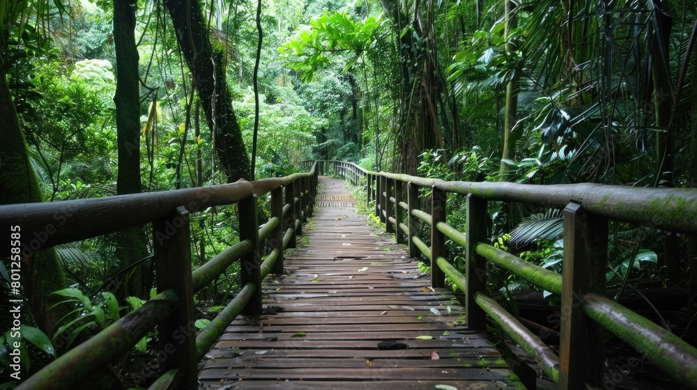 Fototapeta premium Wooden bridge across the forest with foliage around