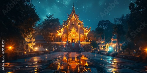 The night view of a Buddhist temple with a reflection on the wet floor photo