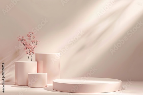 Three Round Podiums for Cosmetic, Soap, Items Presentation. Abstract Minimal Geometric Pedestal. Cylinder Forms, Soft Shadow. Product Object Show Scene. Showcase, Display Case. Beige Stand Backdrop Ad
