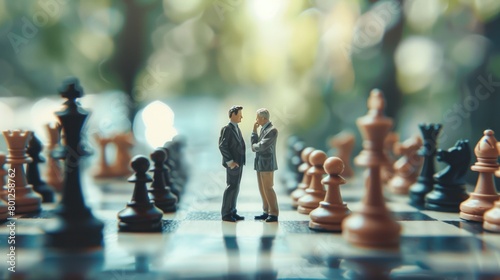 Closeup two businesspeople miniature standing on the chessboard on blur background. Generated AI