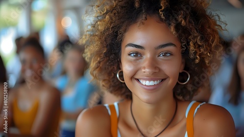 Tranquil and harmonious group moment with upbeat young woman