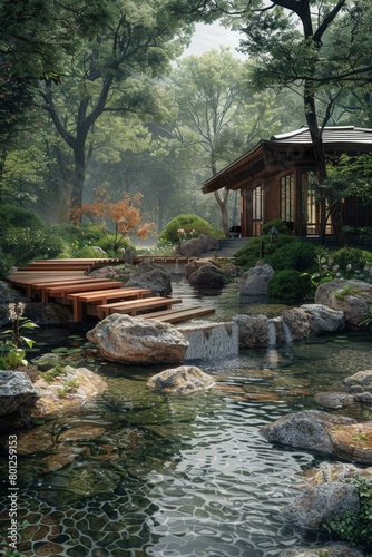 Tranquil Japanese Garden with Stepping Stones and Koi Pond