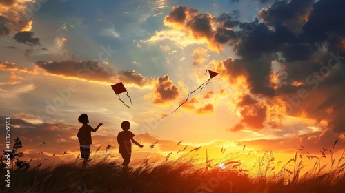 Silhouette moment of two children playing with kites on a beautiful afternoon. AI generated image