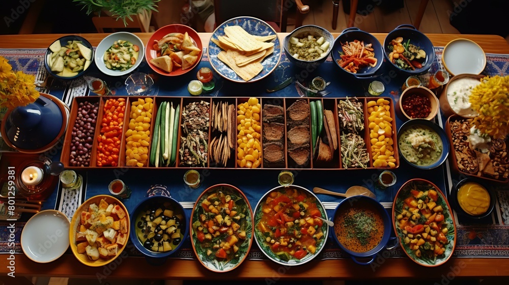 A table full of delicious food, including vegetables, fruits, and bread.