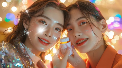 Two Asian women with glitter on their faces are holding a bottle of pills.
