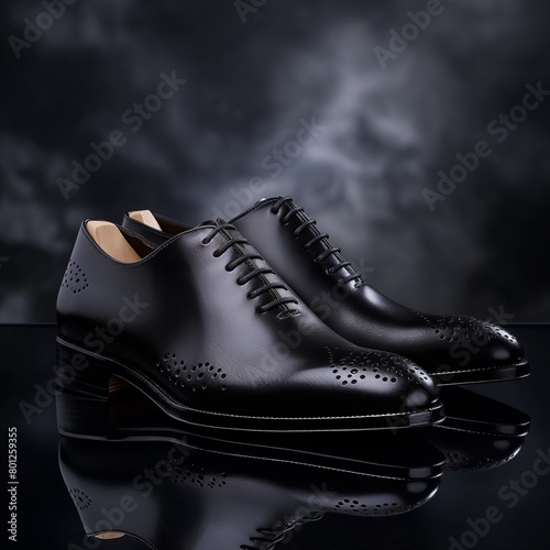 Zapatos negros aislados sobre un fondo colorido, creando una sensación de alegría y dinamismo. photo