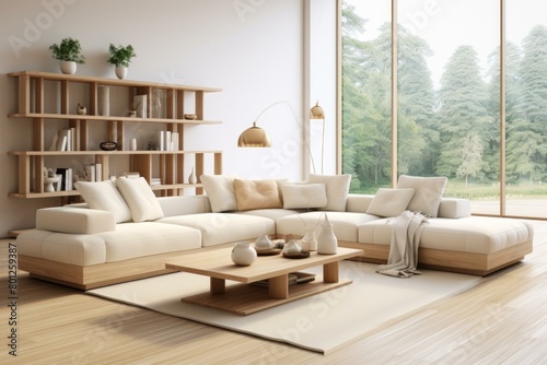 Airy and bright living room with large windows and a comfortable sofa