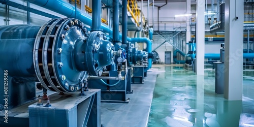 Large industrial water pump station room with blue pipes and machinery