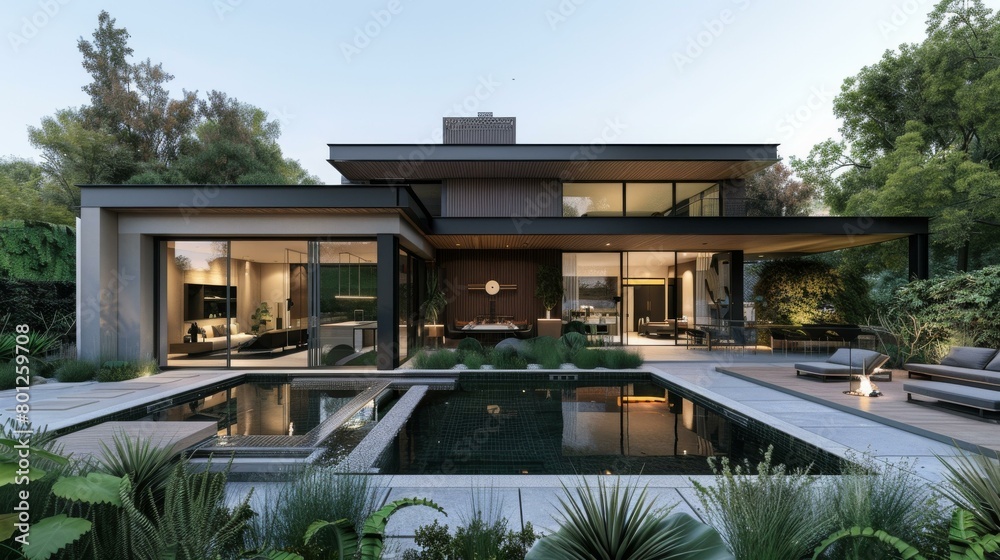 Modern House Exterior Design with Pool and Garden