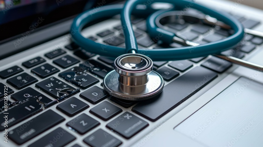 A stethoscope rests on a laptop keyboard A stethoscope rests on a laptop keyboard