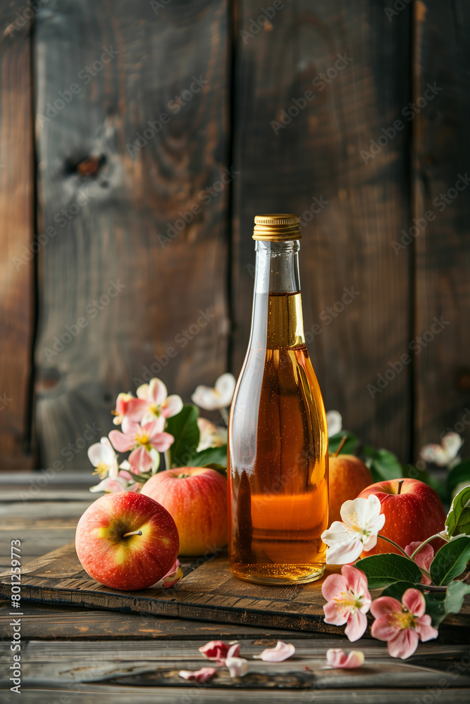 bottle of homemade apple cider or vinegar on wooden background