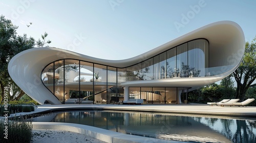 The image shows a modern house with a white curved exterior and large glass windows. There is a swimming pool and lounge chairs outside. © Awais