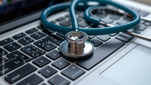 A stethoscope rests on a laptop keyboard photo