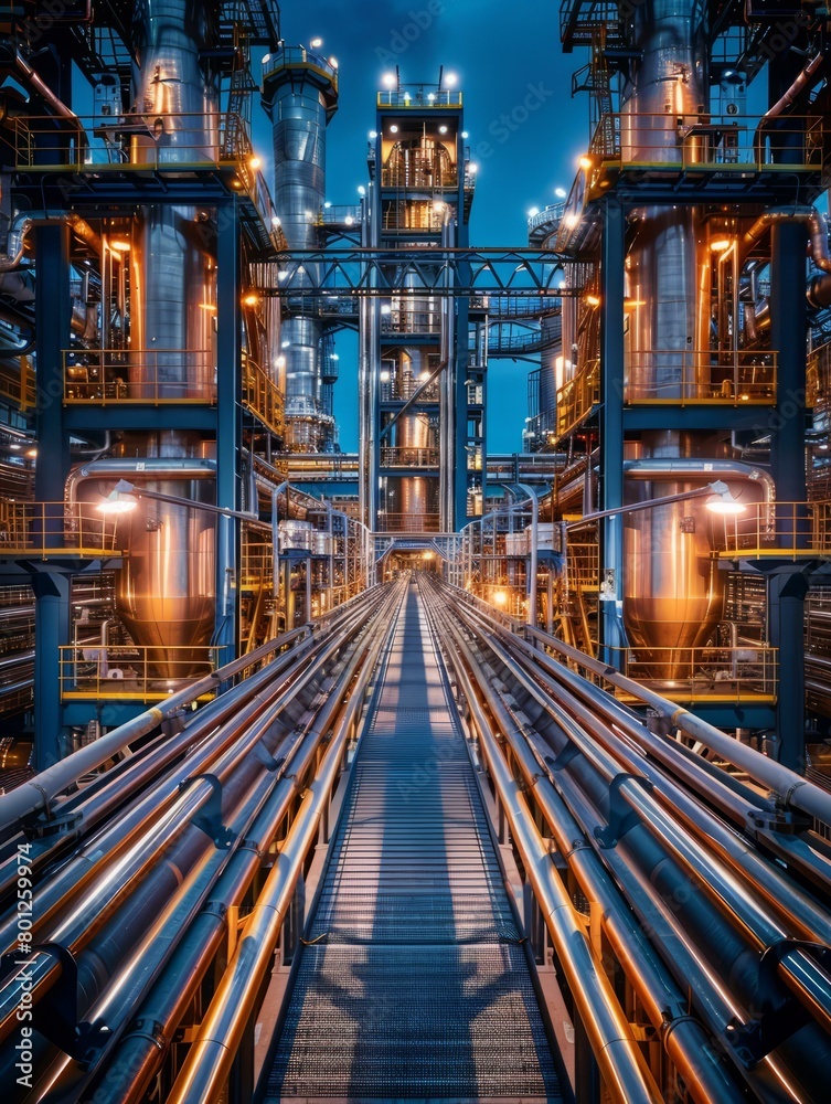 A photo of an oil refinery at night