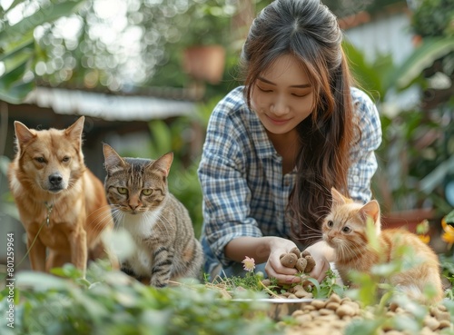 A young woman is feeding a cat and a dog in the garden