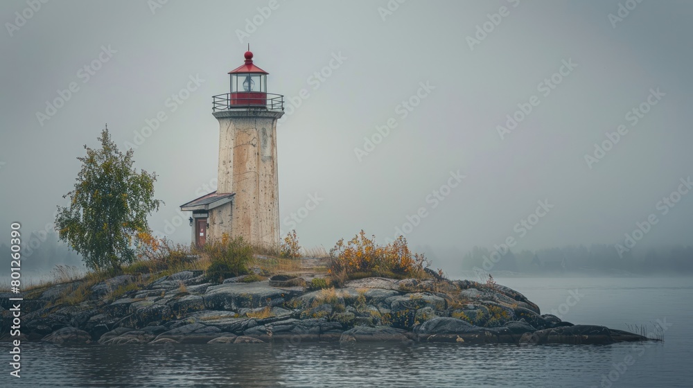 Portrait of a lighthouse on a rocky island around ocean water. generative AI image