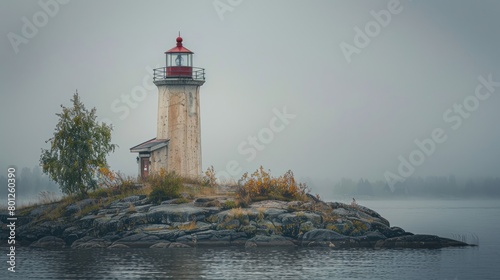 Portrait of a lighthouse on a rocky island around ocean water. generative AI image