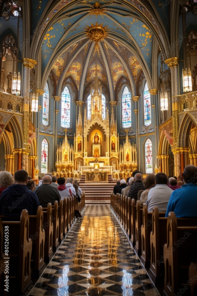Fototapeta premium Church Interior Nave With People In Pews