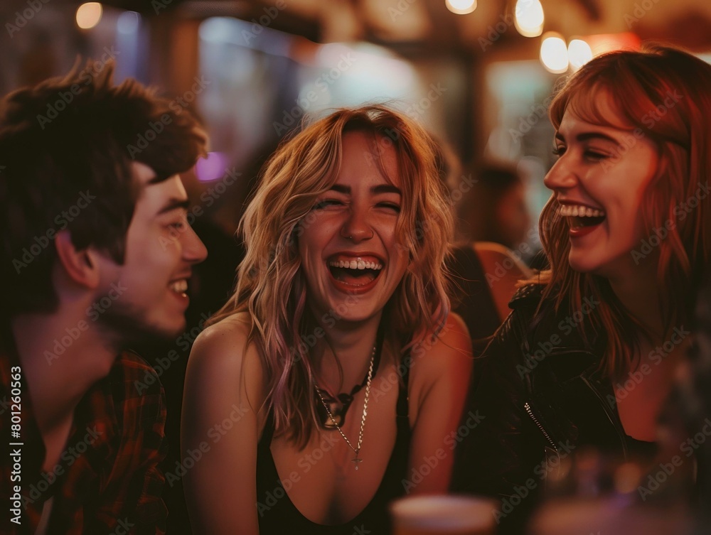 Three friends laughing together in a bar