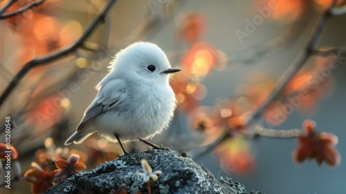 Small white bird on a branch with orange leaves