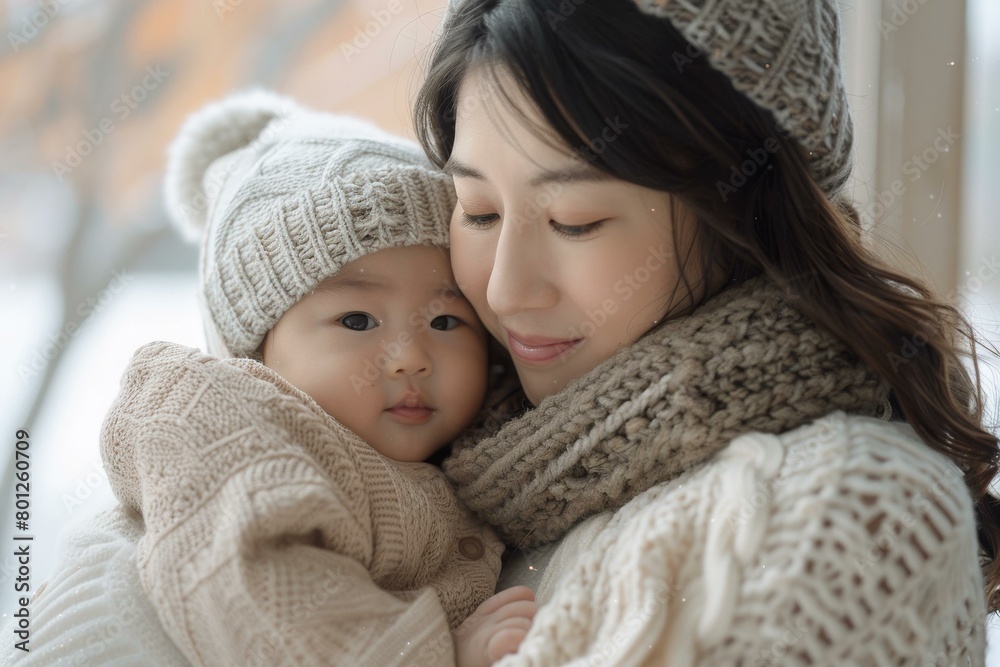 A mother and her baby are wearing winter clothes and smiling at each other.
