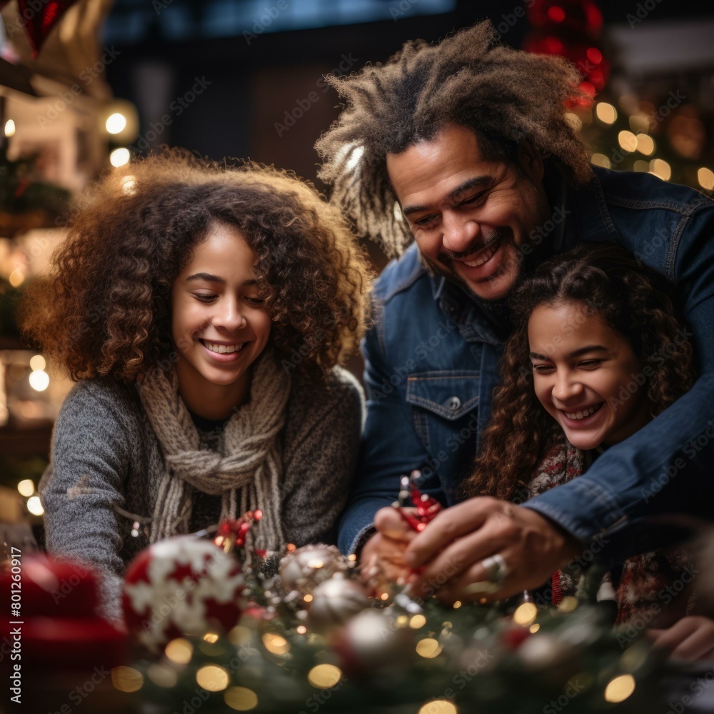 A family of three is decorating a Christmas tree together. A family of three is decorating a Christmas tree together.
