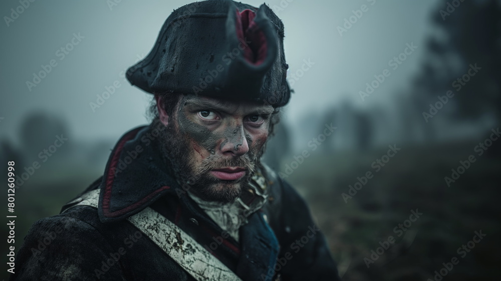 French soldier after a difficult battle in 1812, weary