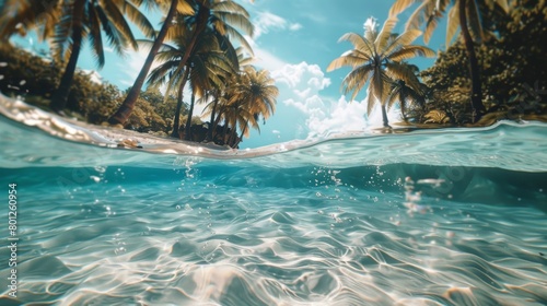 Captivating under and above water view of a tropical paradise with clear turquoise waters and lush palm trees © leymart