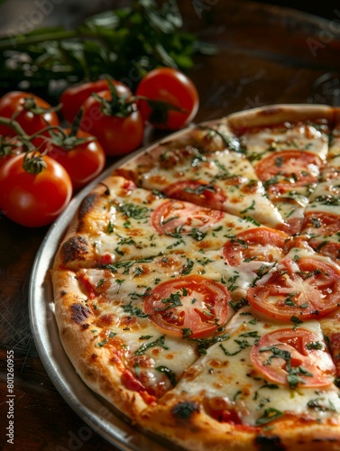 A delicious pizza with fresh tomatoes and basil