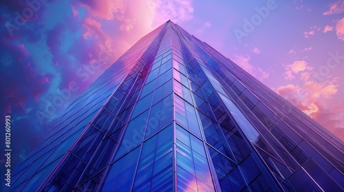 A skyscraper made of reflective glass with a blue and purple sky in the background.