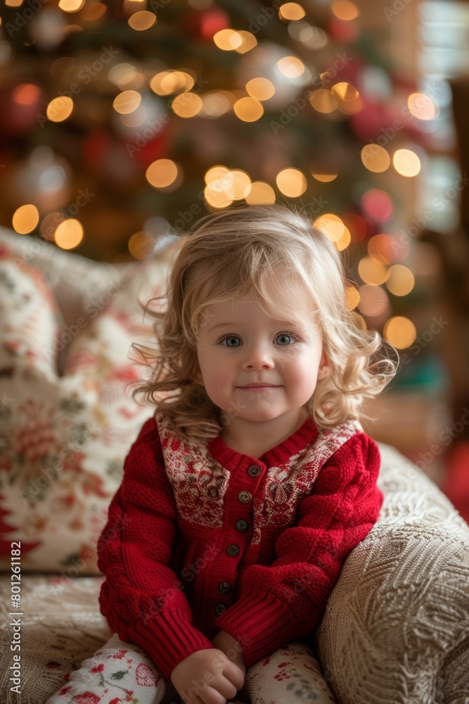 Little girl in red sweater sitting in front of Christmas tree Little girl in red sweater sitting in front of Christmas tree