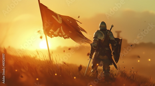 A lone knight charges into the fray, his banner flying high in the wind photo