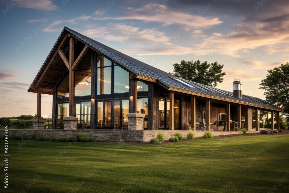 A Rustic Yet Modern Renovated Barn Home Nestled in the Heart of a Lush Green Meadow Under a Clear Blue Sky A Rustic Yet Modern Renovated Barn Home Nestled in the Heart of a Lush Green Meadow Under a Clear Blue Sky