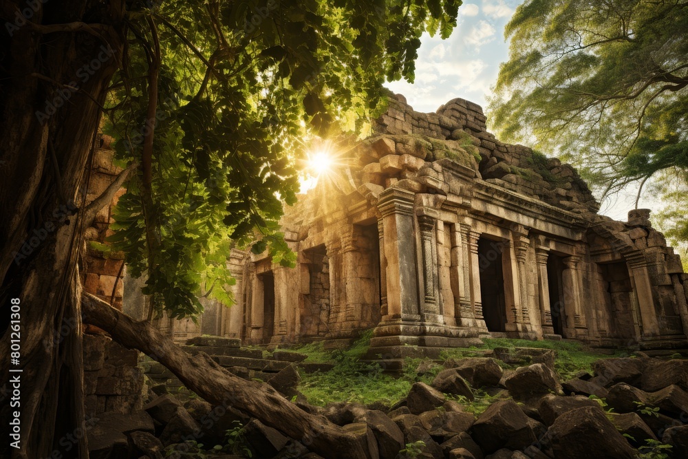 Obraz premium A Majestic Depiction of Ancient Temple Ruins, Overgrown with Lush Jungle Flora, Bathed in the Soft Glow of a Setting Sun