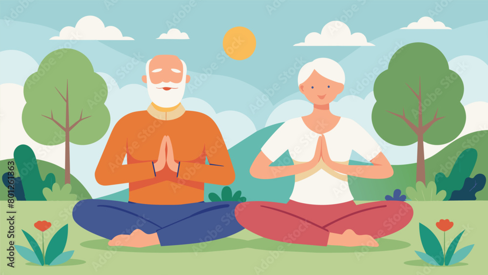 A senior couple meditates together in a peaceful garden promoting mental clarity and stress reduction through martial arts techniques. A senior couple meditates together in a peaceful garden promoting mental clarity and stress reduction through martial arts techniques.