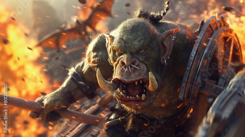 Orc warrior bellows in rage or determination, surrounded by the chaotic inferno of battle © Mars0hod