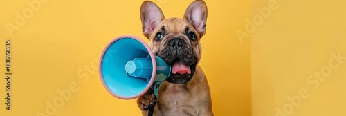Delightful small dog making an announcement through a megaphone in a captivating manner photo