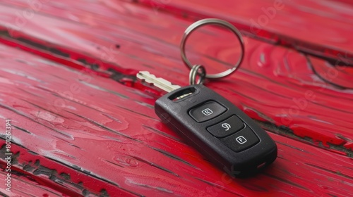 Closeup a electric modern remote keyless car key alarm on red wooden table background. Generated AI photo