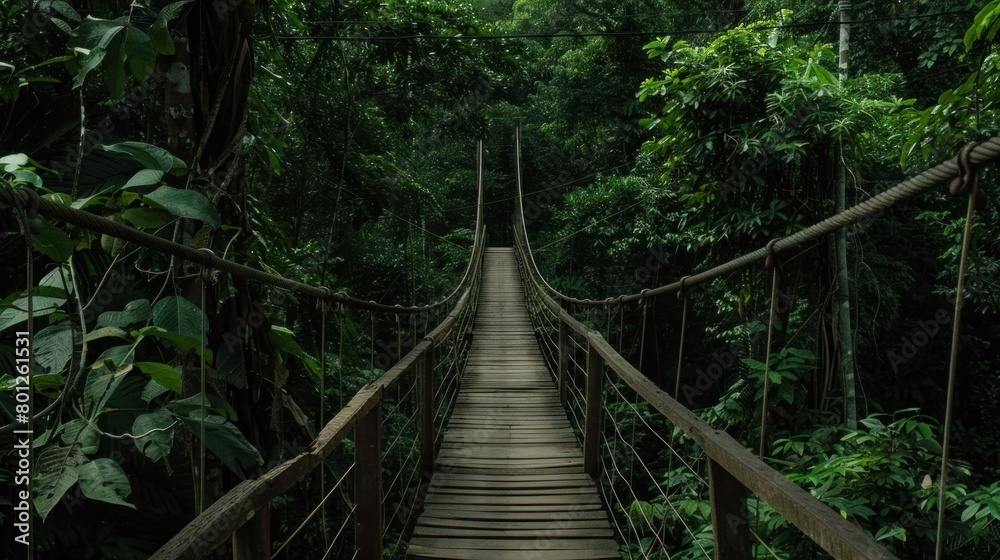 Obraz premium Wooden bridge across the forest with foliage around