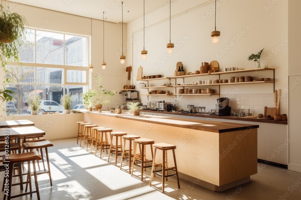A Minimalist Coffee Shop Nestled in a Bustling City, with a Warm Interior Illuminated by Natural Light and Accented with Wooden Furniture