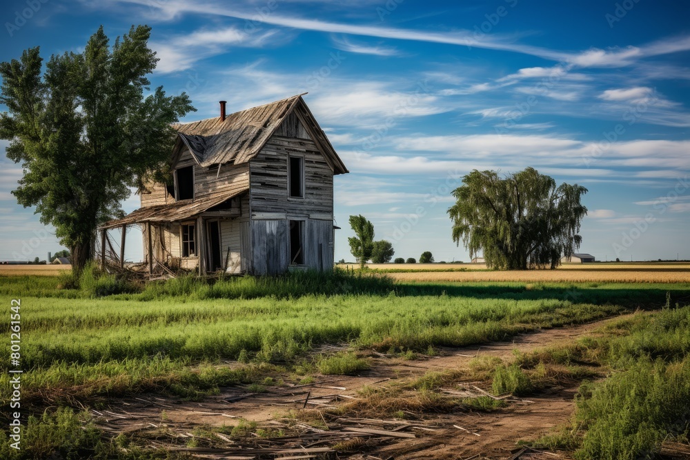 A Forgotten Era: An Abandoned Farmhouse Nestled in the Heart of a Lush Green Meadow, Weathered by Time and Elements, Telling Tales of Yesteryears