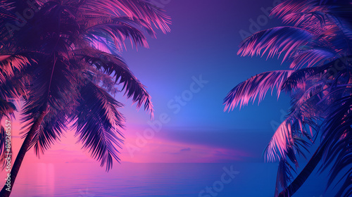 night landscape with neon blue light. Dark neon palm background.