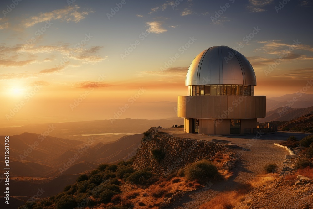 A Majestic Hilltop Observatory Overlooking a Serene Valley Bathed in the Golden Glow of a Setting Sun A Majestic Hilltop Observatory Overlooking a Serene Valley Bathed in the Golden Glow of a Setting Sun