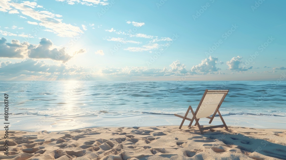 Solitary beach chair facing the serene blue ocean on a pebbly shore, inviting a moment of peace and relaxation