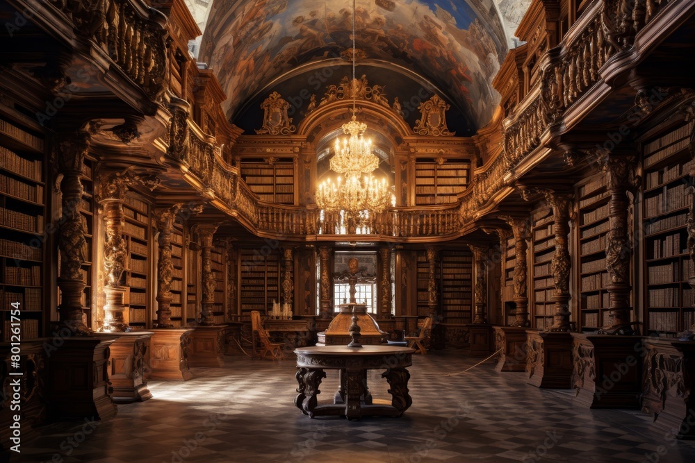 Obraz premium A Majestic Capture of a Historic European Library with Ornate Woodwork, High Vaulted Ceilings, and Thousands of Ancient Books
