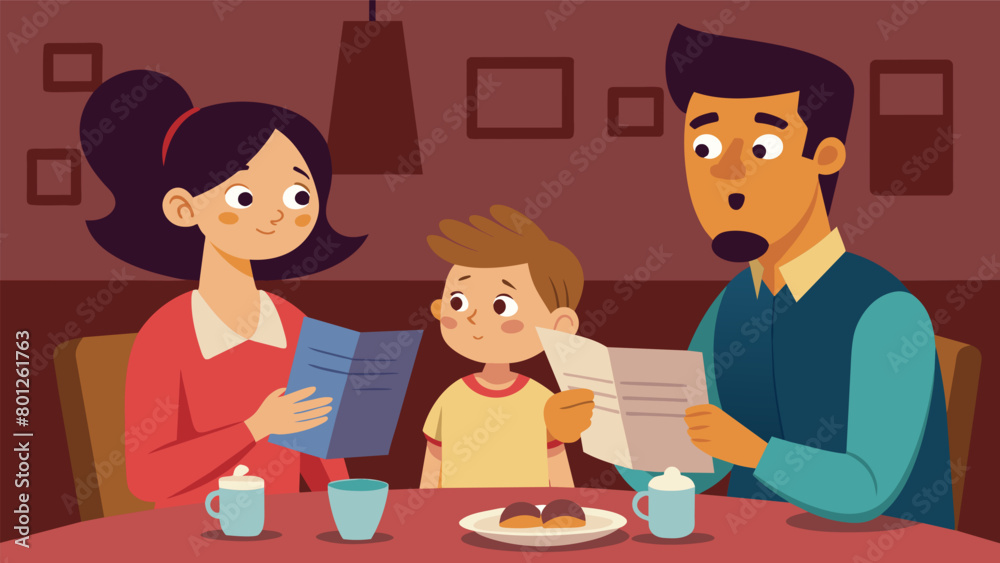 A family sitting at a restaurant looking concerned as they read over the prices on the menu.